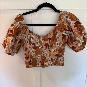 J. Crew brown and White Smocked Crop Blouse